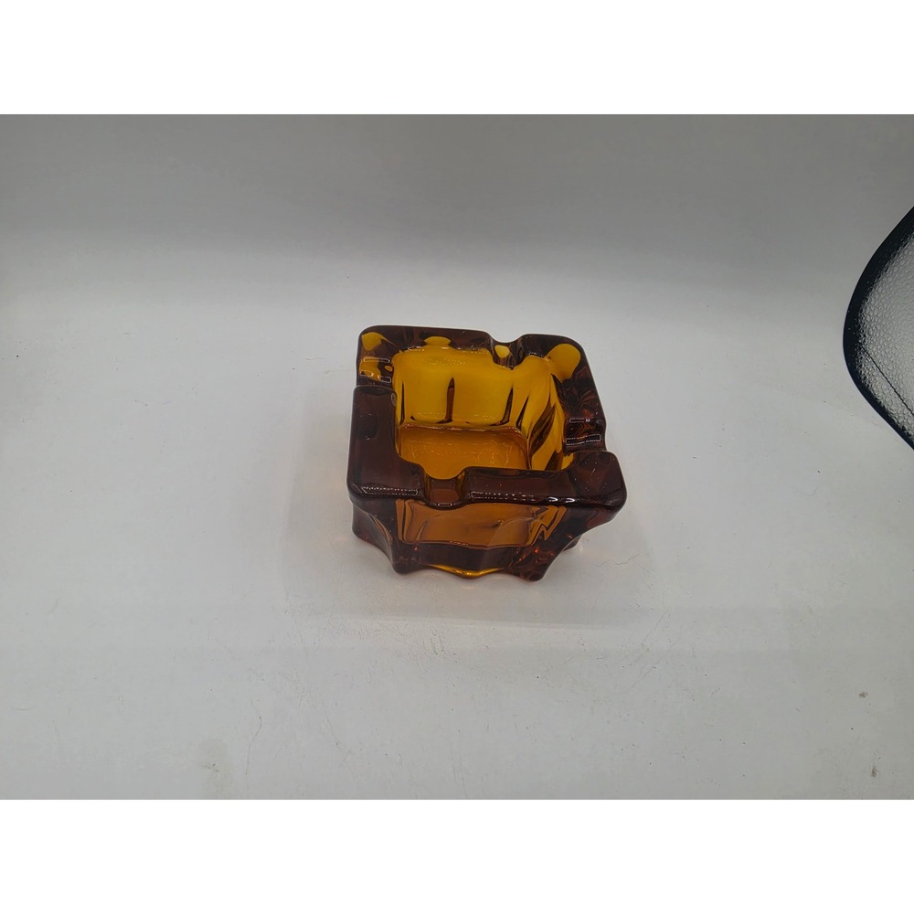 Vintage Viking Glass Square Thumbprint Amber Cigar Ashtray Heavy